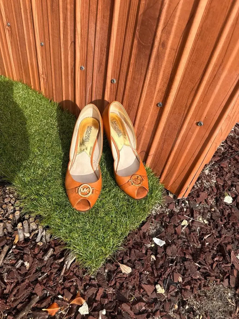 Michael Kors Tan Leather Peep Toe Wedge Heels with Gold MK Logo Accent